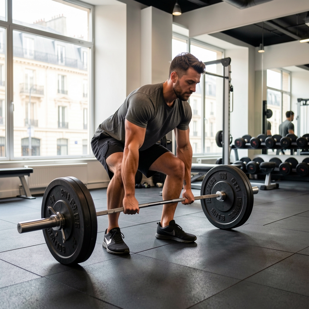 Strength training programme in progress, individual performing a deadlift under controlled conditions in a private Paris gym