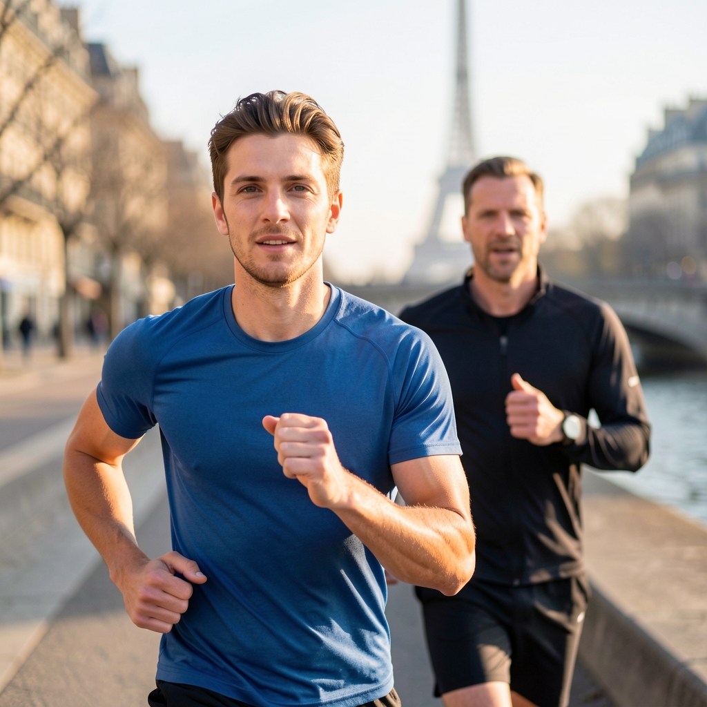 Endurance coaching session outdoors in Paris, athlete running alongside a coach on a riverside path in morning light